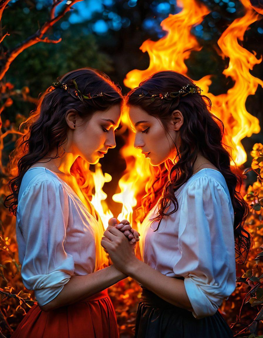 A passionate scene depicting two women sharing an intense, fiery gaze, surrounded by vivid flames symbolizing their love. Incorporate romantic elements such as soft lighting, tangled vines, and a backdrop of a sunset to create warmth and intimacy. Elements of books and media, like an open novel and a vintage film camera, subtly integrated into the composition, reflecting the exploration aspect. The overall tone should be vibrant and emotional. super-realistic. vibrant colors. soft focus.
