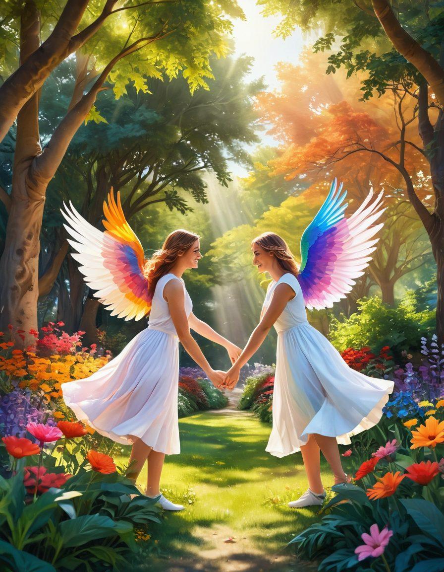 A vibrant and tender scene depicting two women holding hands in a lush park setting, surrounded by flowers and soft sunlight filtering through the leaves. They are sharing a warm laugh, symbolizing love and friendship, while colorful heart shapes float around them. Include elements that represent inclusivity and connection, such as rainbows or doves in the background. bright colors. super-realistic. warm and inviting atmosphere.