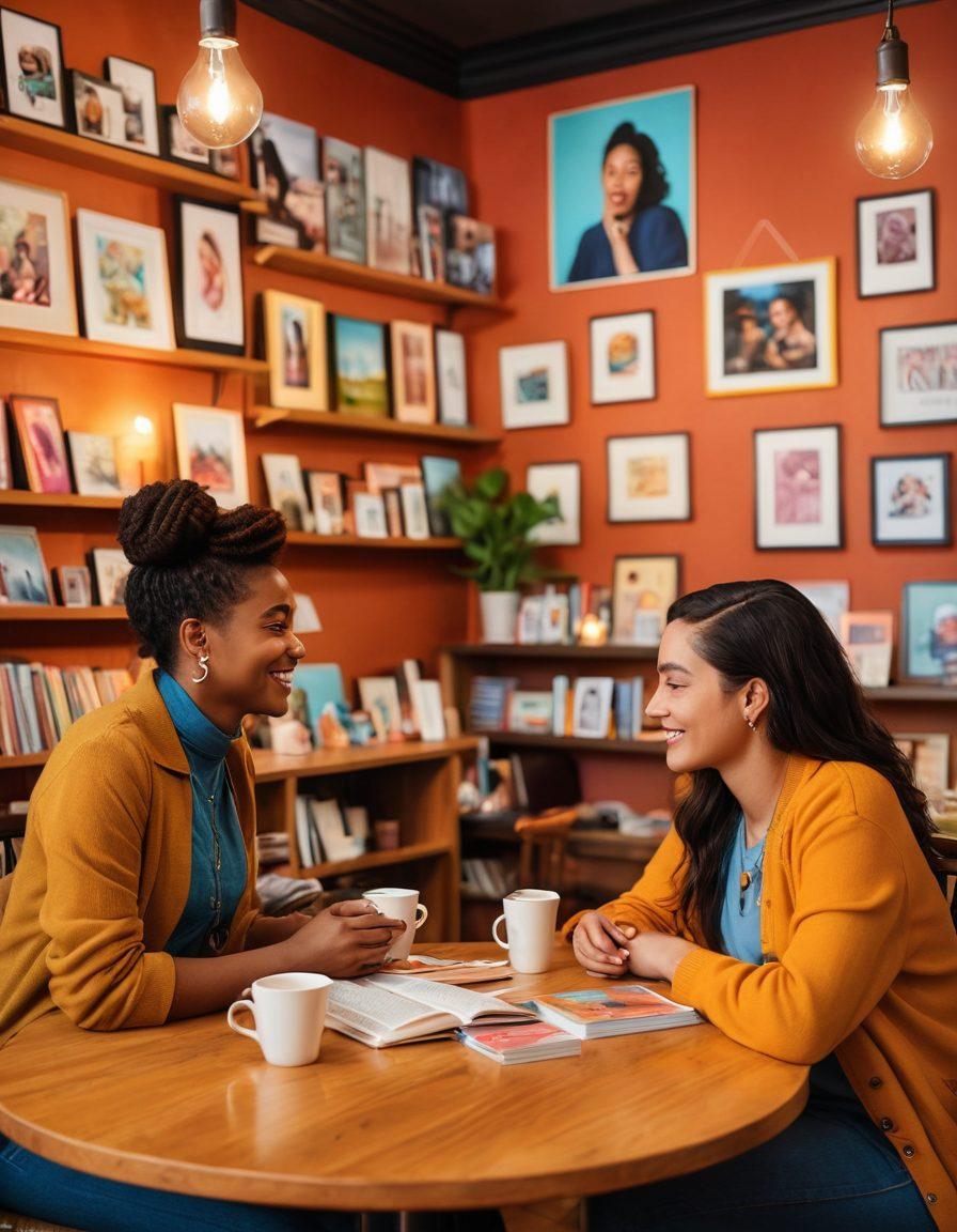 A diverse group of women, with varying backgrounds and styles, engaging in a heartfelt conversation in a cozy café filled with warm lighting. Incorporate elements of LGBTQ+ media, such as colorful posters and books on the shelves, symbolizing love and connection. The atmosphere should be inviting and intimate, capturing the essence of shared experiences and community. super-realistic. vibrant colors. warm tones.